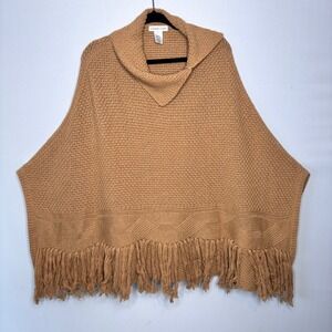 Coldwater Creek Knit Poncho Fringe Cowl Neck Tan Wool Blend Womens One Size